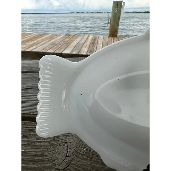 Vintage Milk Glass Fish by Glasbake McKee, Fish Shape Baker, Seafood Dish 18